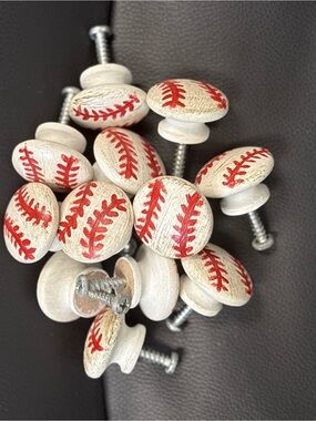 12pk Baseball Novelty Round Wood Cabinet Knobs White/Red 1.25in w/ Screws
